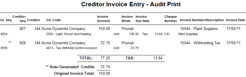 Creditor Invoice Entry - Audit Print (48% withholding example)
