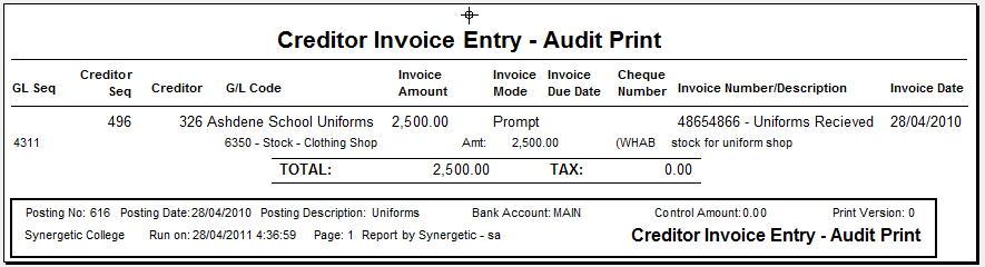 Creditor Invoice Entry - Audit Print report