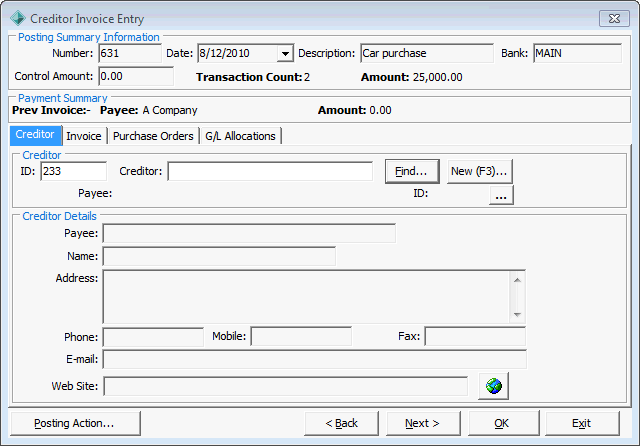 Creditor Invoice Entry - Creditor tab (cut down)