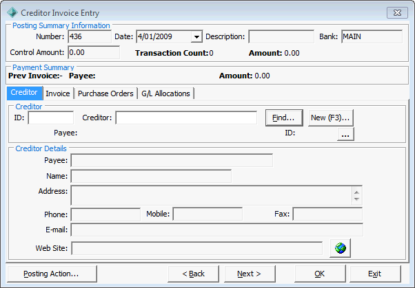 Creditor Invoice Entry - Creditor tab