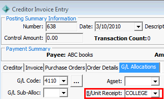 Creditor Invoice Entry - GL Allocations tab (cut down, BUnit Receipt highlighted)