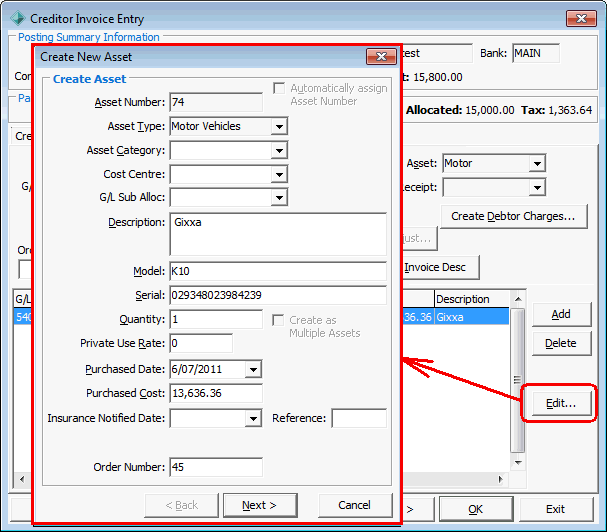 Creditor Invoice Entry - G/L Allocations tab (and Create New Asset - Create Asset window, cut down)