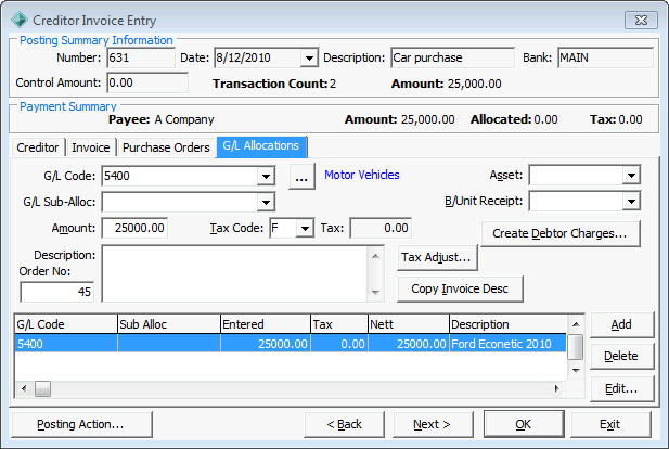 Creditor Invoice Entry - G/L Allocations tab (cut down)