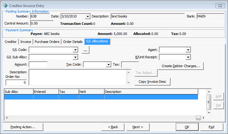 Creditor Invoice Entry - GL Allocations tab