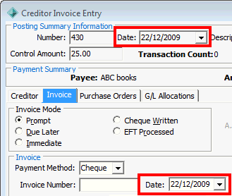 Creditor Invoice Entry - Invoice tab(cut down, date highlighted)