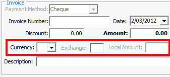 Creditor Invoice Entry - Invoice tab(cut down, foreign currency highlighted)