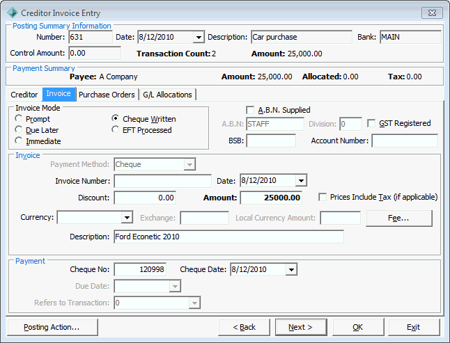 Creditor Invoice Entry - Invoice tab (cut down)