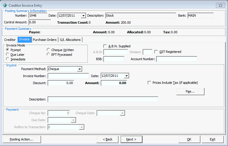 Creditor Invoice Entry - Invoice tab