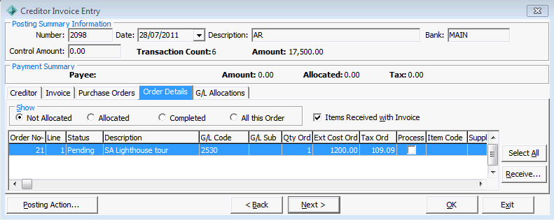 Creditor Invoice Entry - Order Details tab