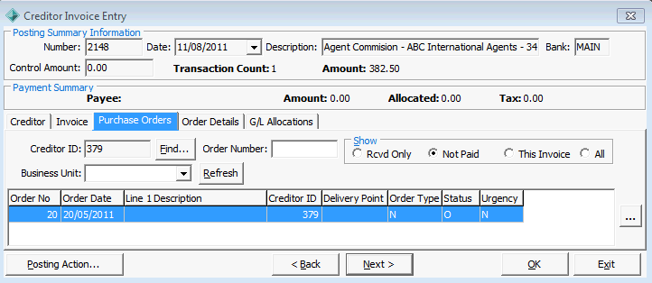 Creditor Invoice Entry - Purchase Orders tab