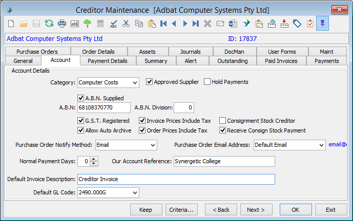 Creditor Maintenance - Accounts tab