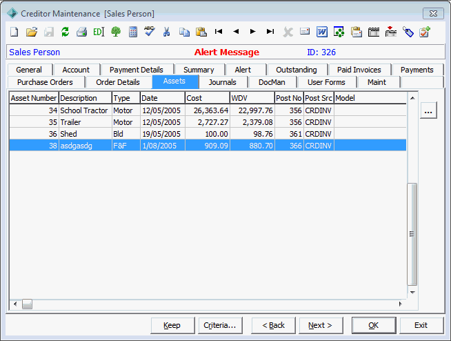 Creditor Maintenance - Assets tab