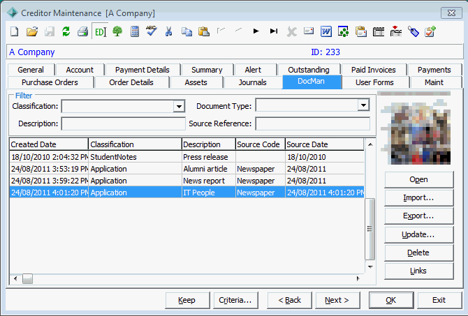 Creditor Maintenance - DocMan tab