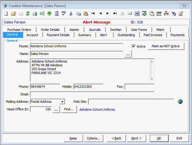 Creditor Maintenance - General tab