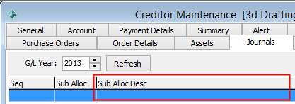 Creditor Maintenance - Journals tab (Sub Alloc Desc, wn66)