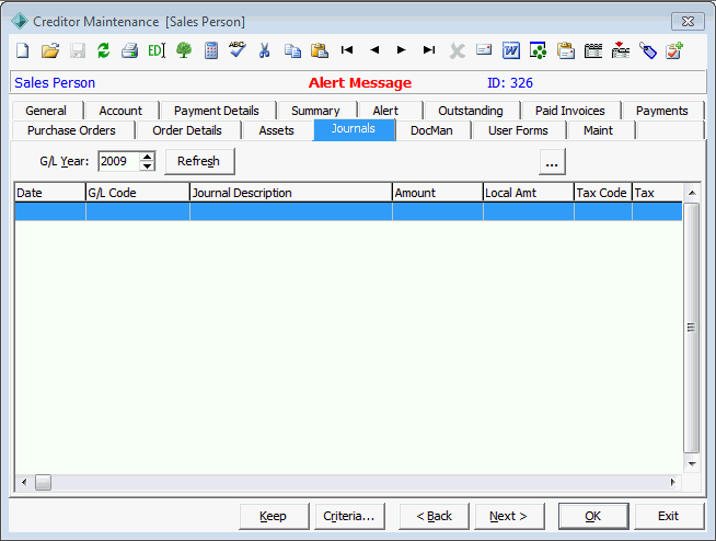Creditor Maintenance - Journals tab