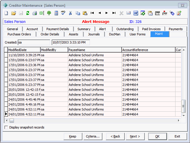 Creditor Maintenance - Maint tab