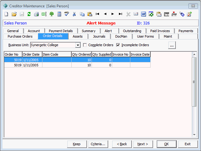 Creditor Maintenance - Order Details tab