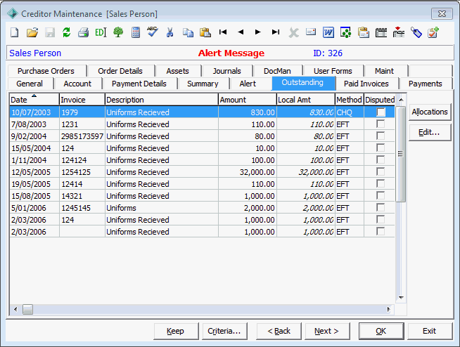 Creditor Maintenance - Outstanding tab