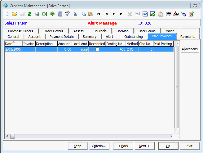 Creditor Maintenance - Paid Invoices tab