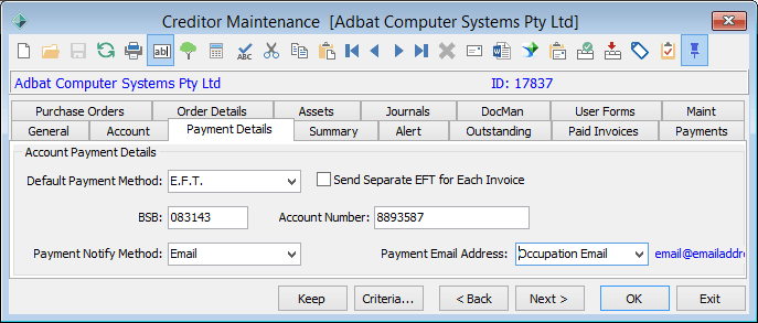 Creditor Maintenance - Payment Details tab