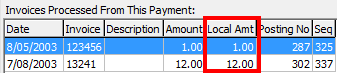 Creditor Maintenance - Payments tab (cut down, local amt highlighted).