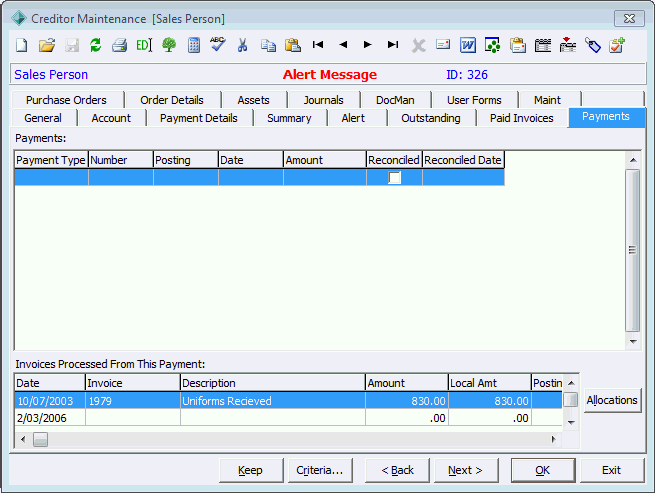 Creditor Maintenance - Payments tab