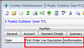 Creditor Maintenance - Purchase Orders tab (cut down, grid frields highlighted)