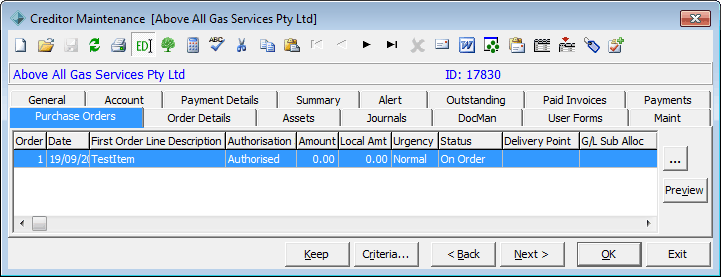 Creditor Maintenance - Purchase Orders tab