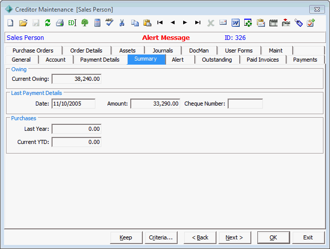 Creditor Maintenance - Summary tab