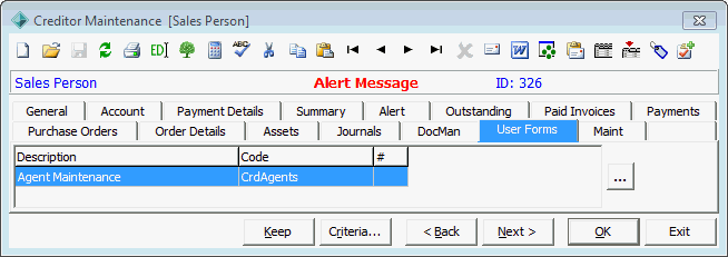 Creditor Maintenance - User Forms tab