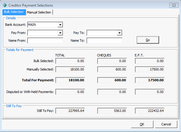 Creditor Payment Selections - Bulk Selections tab