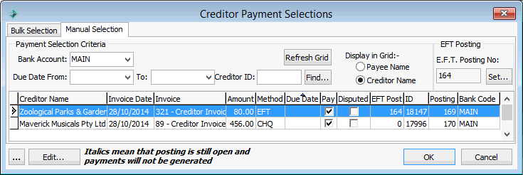 Creditor Payment Selections - Manual Selections tab (EFT Posting, after)