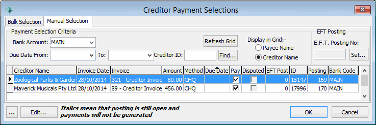 Creditor Payment Selections - Manual Selections tab (EFT Posting, initial)