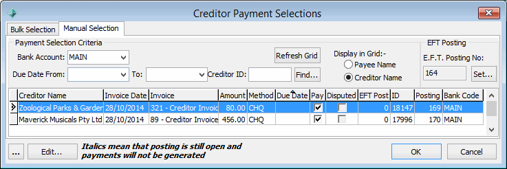 Creditor Payment Selections - Manual Selections tab (EFT Posting, set, cut down)