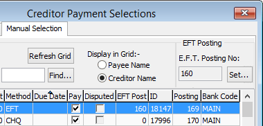 Creditor Payment Selections - Manual Selections tab (EFT Posting, wn66)