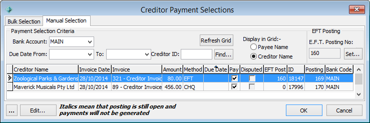 Creditor Payment Selections - Manual Selection tab
