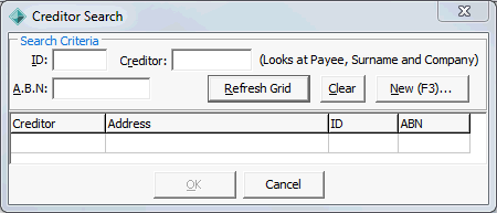 Creditor Search window