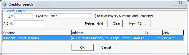 Creditor Search window