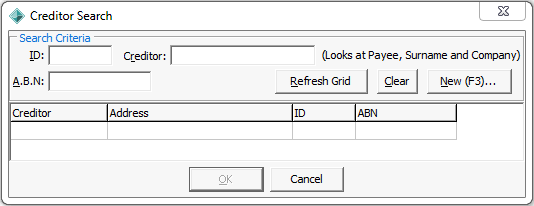Creditor Search window