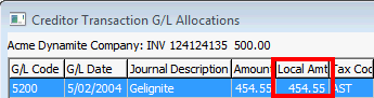 Creditor Transaction GL Allocations window (local amt highlighted)