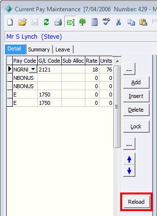 Current Pay Maintenance - Detail tab (cut down, reload highlighted)