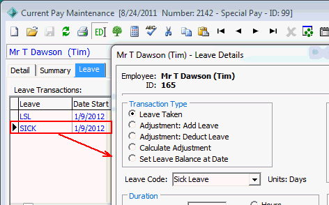 Current Pay Maintenance - Detail tab with Leave Details window