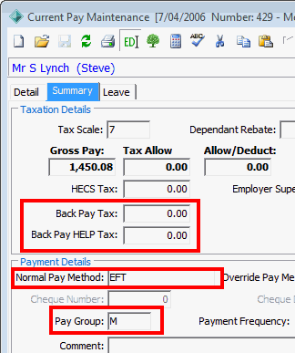 Current Pay Maintenance - Summary tab (cut down, fields highlighted)