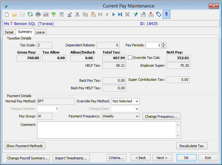 Current Pay Maintenance - Summary tab
