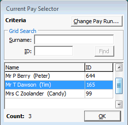 Current Pay Selector window