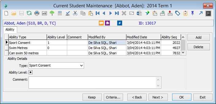 Current Student Maintenance - Ability tab
