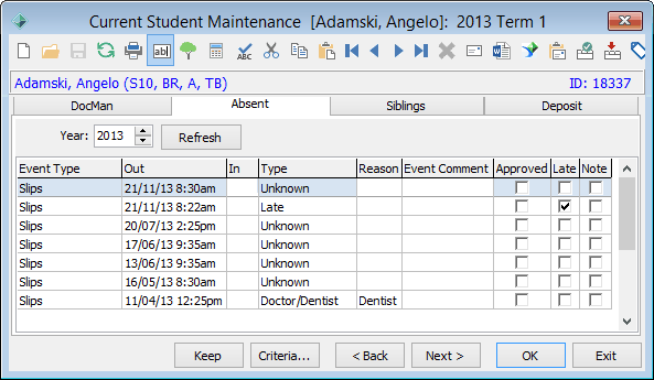 Current Student Maintenance - Absent tab