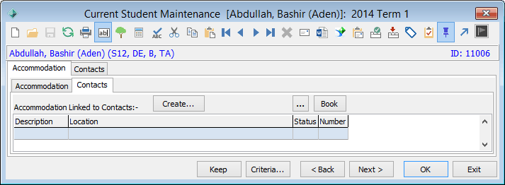 Current Student Maintenance - Accommodation tab - Contacts sub-tab