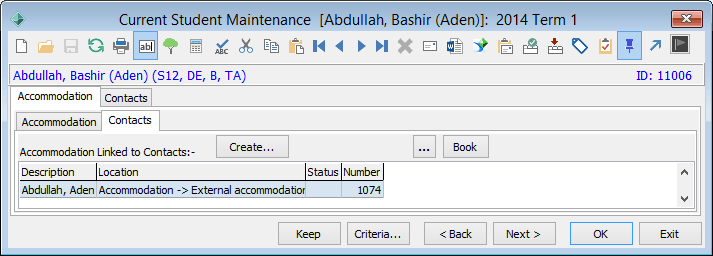 Current Student Maintenance - Accommodation tab - Contacts sub-tab
